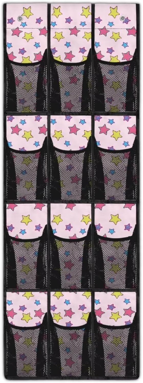 Multi-Purpose 12-Pocket Behind The Door Organizer, Oxford Cloth, Waterproof Large Capacity and Ideal for Bathroom Bedroom or Pantry Storage, Coloured Stars Pattern