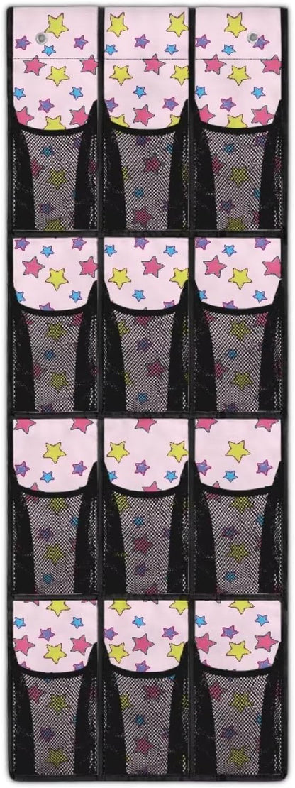 Multi-Purpose 12-Pocket Behind The Door Organizer, Oxford Cloth, Waterproof Large Capacity and Ideal for Bathroom Bedroom or Pantry Storage, Coloured Stars Pattern