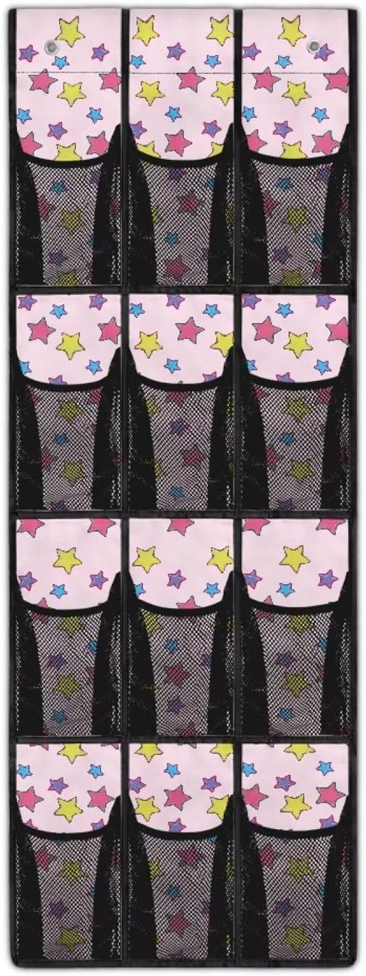 Multi-Purpose 12-Pocket Behind The Door Organizer, Oxford Cloth, Waterproof Large Capacity and Ideal for Bathroom Bedroom or Pantry Storage, Coloured Stars Pattern
