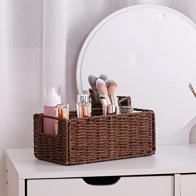 Vagusicc Wicker Storage Basket, Set of 2 Hand-Woven Paper Rope Wicker Basket, Small Storage Baskets for Organizing Toilet Paper Basket, Foldable Large Cube Storage Organizer Bins for Shelves (Brown)
