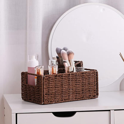 Vagusicc Wicker Storage Basket, Set of 2 Hand-Woven Paper Rope Wicker Basket, Small Storage Baskets for Organizing Toilet Paper, Foldable Large Cube Storage Organizer Bins for Shelves (Brown)