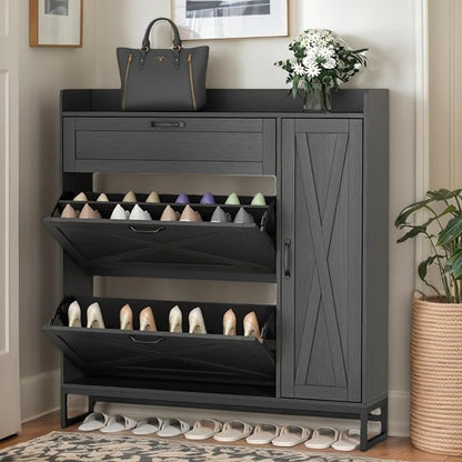 Gyfimoie Shoe Storage Cabinet with 2 Flip Drawers, Freestanding Shoe Cabinet Organizer with Storage Shelf, Shoe Rack with Adjustable Side Cabinet, Narrow Farmhouse Shoe Cabinet for Entryway (Black)