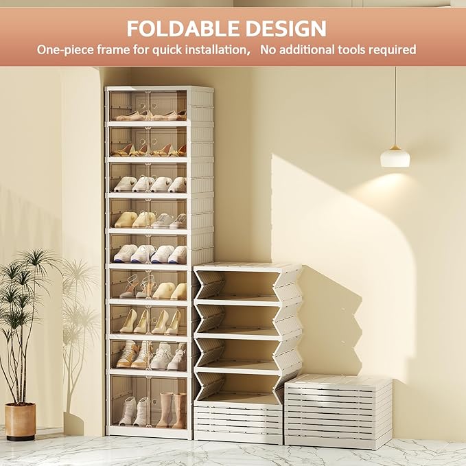 SYNCVIBE Shoe Rack Organizer for Closet Entryway 9 Tiers-18 Pairs Foldable Sneaker Storage Shoe, Collapsible Shoe Cabinet with Doors, Stackable Shoe Storage Cabinet with Lids for Living Room