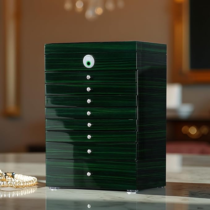 Wooden Jewelry Box Fingerprint Lockable 9-Layers Extra Large Capacity Jewelry Cabinet for Necklace/Rings/Pendants/Bracelets/Watches/Sunglasses Storage&Organizer Women Gifts (Greenwood)