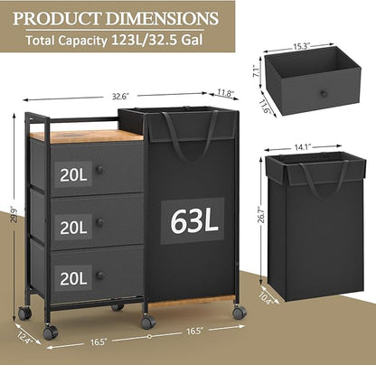 Laundry Hamper with Wheels, Laundry Sorter with Shelf and 3 Drawers, Total Capacity 123L/32.5 Gal (3 Drawers+Bags), Laundry Cabinet with Fabric Detachable Bags, Clothes Hampers for Bedroom Bathroom