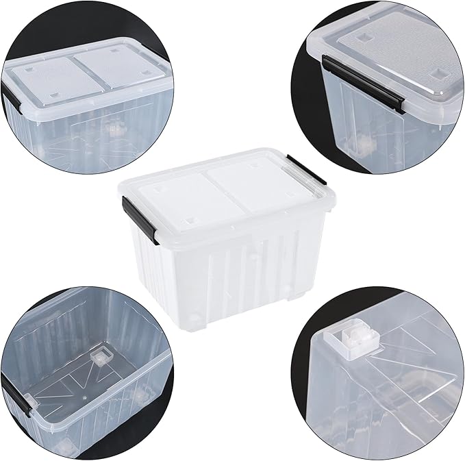 4 Packs 30 L Plastic Latch Storage Box, Clear Bin with Lid and Wheels
