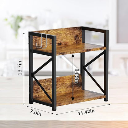 Spice-Rack-Organizer-Shelf for Kitchen Counter, 2 Tiers Coffee Bar Station Organizer for Countertop，Space Saving Desk Shelving Riser Unit (Rustic Brown, Small)