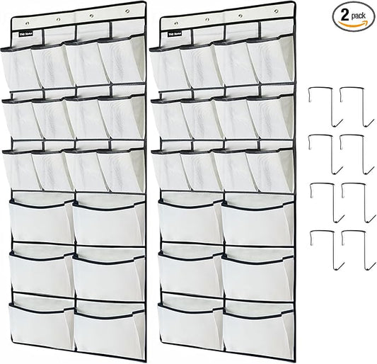 2 Pack Extra Large Hanging Over Door Shoe Organizers, 12 Mesh Pockets + 6 Large Mesh Storage Various Compartments with 8 Hooks Shoes Holder for Closet Bedroom, White (59 x 21.6 inch)