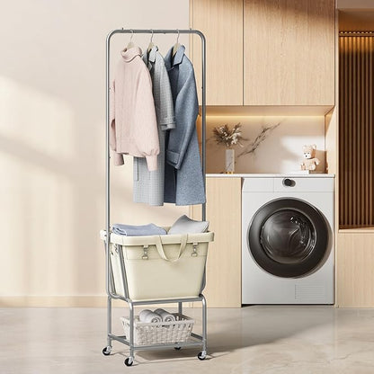 ELYKEN Laundry Cart with Hanging Rack, Rolling Laundry Hamper with Wheels, Laundry Basket with Removable Liner Bag and Shelf, Sturdy Metal Frame Dirty Clothes Basket for Hotel, Home, Closet, Dorm