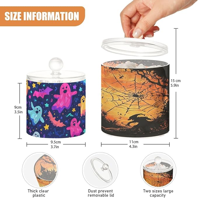 2 Pack Qtip Dispenser Apothecary Jars with Lids Cotton Round Holder Bathroom Canisters for Cotton Swab Floss Ball Pads Clear Plastic Decorative Orange Halloween Castle Ghosts Star