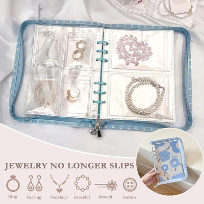 Jewelry Organizer Travel,Jewelry Storage Book with 45 Portable thick PVC pouches,Jewelry Organizer Zipper Bags for Necklaces Bracelet Rings and Earrings (front cover removable),Blue