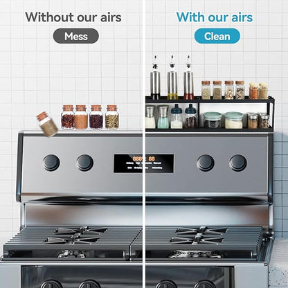 OTraki 2 Tier Strong Magnetic Oven Shelf 30 Inch Length Spice Rack Over The Stove Shelf with 2 Anti-Slip Mats Seasoning & 4 Hooks Kitchen Spice Storage Organizer Black