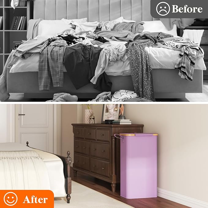 Lifewit 65L Slim Laundry Hamper with Lid, Narrow Laundry Basket with Removable Bag & Bamboo Handles, Fodable Thin Dirty Clothes Hamper for Laundry Collapsible Bin for Bathroom Bedroom Dorm, Purple