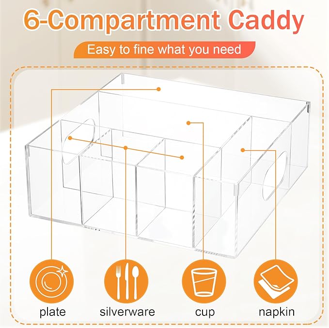 LemonRoad Utensil Holder for Party Acrylic Silverware Caddy Paper Plate Napkins Cups Fork Spoon Organizer with 6 Compartments Cutlery Caddy for Countertop Kitchen Party Camping Picnic
