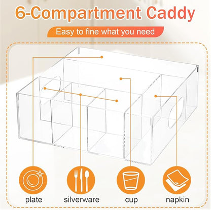 LemonRoad Utensil Holder for Party Acrylic Silverware Caddy Paper Plate Napkins Cups Fork Spoon Organizer with 6 Compartments Cutlery Caddy for Countertop Kitchen Party Camping Picnic