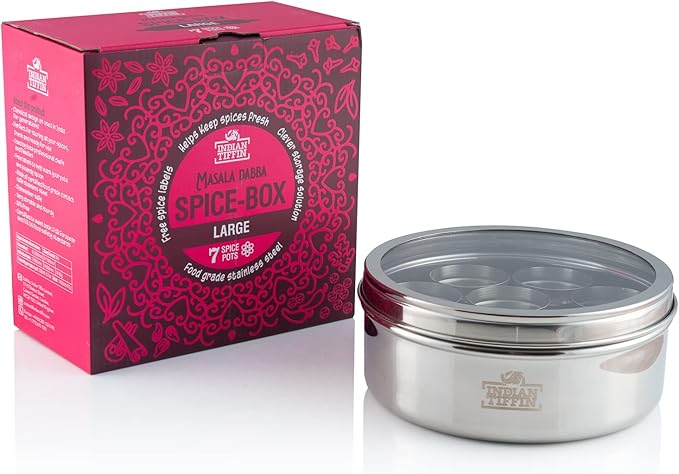 Indian-Tiffin Masala Dabba – Airtight Spice Container – Food Grade Stainless Steel – with Spice Labels & Spoon (Large (20cm), Clear Lid, No Lids on Inner Pots)