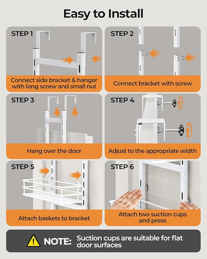 Adjustable 6-Tier Over the Door Pantry Organizer, Spice Rack, Narrow Hanging Shelf for Kitchen Storage and Organization (White)