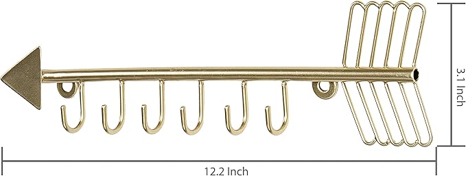 MyGift 12 Inch Wall Mounted Brass Tone Metal Arrow Shaped Jewelry Organizer, Hanging Accessories Storage Display Rack with 6 Hooks for Necklaces Bracelets Keys