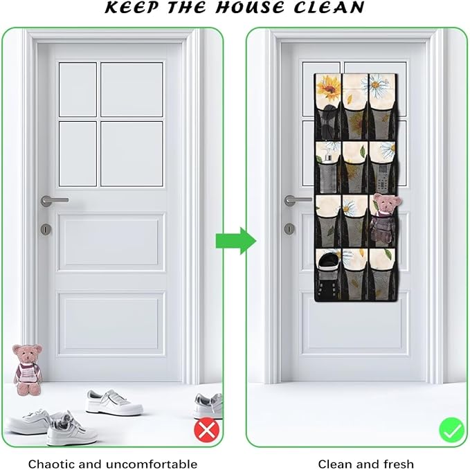 Sunflower Daisy Design Over The Door Shoe Organizer,12 Mesh Pockets Hanging Storage Shoe Rack,Hanger Storage Organizer for Closet,Classroom Headphone Storage,Over Door Organizer