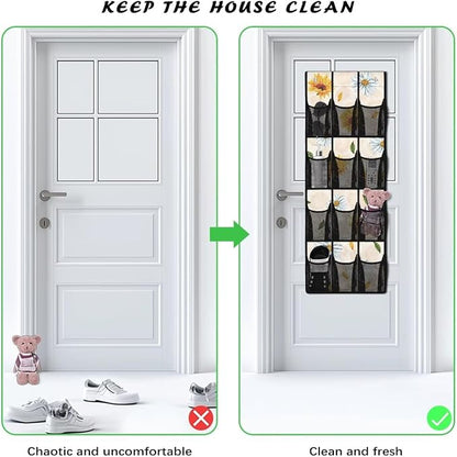 Sunflower Daisy Design Over The Door Shoe Organizer,12 Mesh Pockets Hanging Storage Shoe Rack,Hanger Storage Organizer for Closet,Classroom Headphone Storage,Over Door Organizer