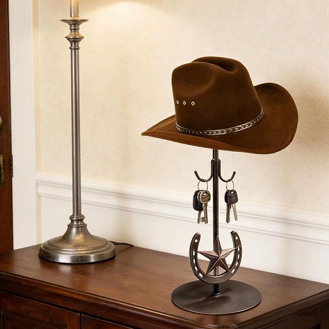 2 Pack Cowboy Hat Rack,Tabletop Standing Cowboy Hat Holder ，Western Horseshoe Decor，Hat Display Stand Can Keeps Original Shape of Hat, for Wide-brimmed Hat，Iron, Bronze