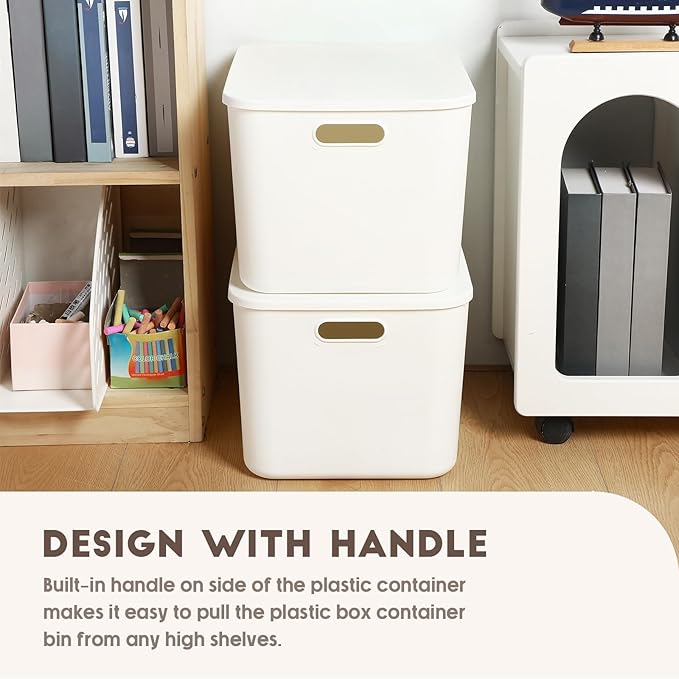 Tuanse 8 Pieces White Plastic Storage Bins with Lids, Stackable Storage baskets with Handle Containers Box for Shelves Drawers Desktop Playroom Classroom Office Organization(16 x 12 x 9.7 Inches)