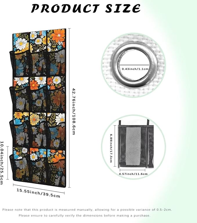 Hippie Flowers Space Saving Hanging Shoe Organizer,Entryway Bedroom Bathroom Storage Bags with 12 Mesh Large Pockets,Unique Print