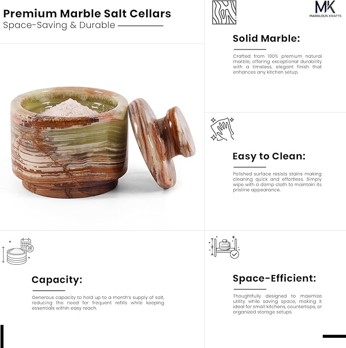 MARBLOUS KRAFTS Marble Salt Cellar with Lid 3" Inch Green Salt Jar & Table Salt Storage For Kitchen Countertop, Ideal Mother’s Day Gift for Mom, Salt Container, Salt Dish & Sugar Bowl For Table