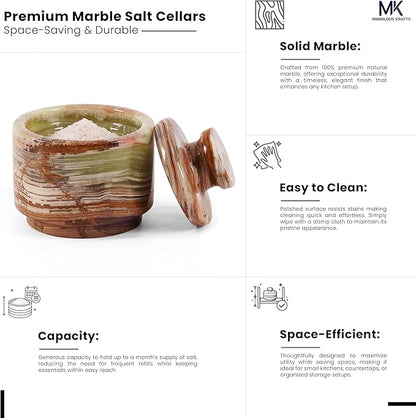 MARBLOUS KRAFTS Green Onyx 3" Small Salt Cellar Set of 2 Handmade Marble Salt Container with Lid for Countertop, Spice Jar, Sugar Bowl, Salt & Pepper Holder, Kitchen Gift