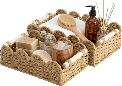 StorageWorks Toilet Paper Storage Basket 2 Pack, Toilet Basket with Wooden Handles, Small Wicker Decorative Scalloped Baskets for Organizing, Living Room, Shelves, Brown Rope Baskets