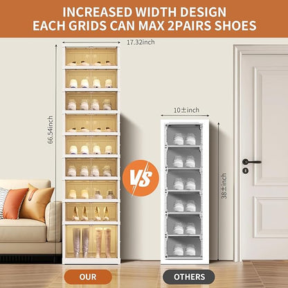 CIMLORD 9-Tier Foldable Shoe Rack Organizer for Closet 18Pairs Plastic Shoe Shelf Collapsible Shoes Storage Box Clear Shoe Boxes Stackable with Door Easy Assembly Shoe Cabinet with Lids Large
