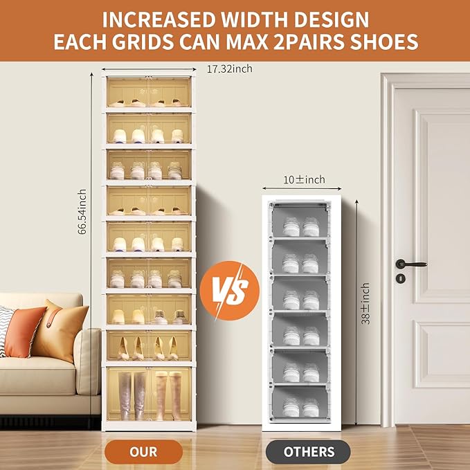 EHAMILY 9 Tier Foldable Shoe Rack Organizer for Closet 18-36Pairs Plastic Collapsible Shoe Racks Shelf Stackable Clear Folding Shoes Storage boxes for Small Spaces Narrow Shoe Storage Cabinet