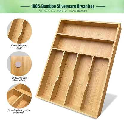 guiogc Bamboo Kitchen Drawer Organizer, 11.6" W x 17" H Silverware Utensil Tray Holder, Wood Cutlery Tray for Silverware, Flatware, Bedroom, Organization of office supplies