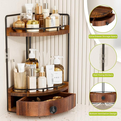 2-Tier Corner Bathroom Counter Organizer with Drawer & Embedded Screw Holes - Wooden Countertop Organizers for Skincare, Makeup Storage, Bathroom Sink Counter Shelf for Vanity, Acacia Wood-Brown