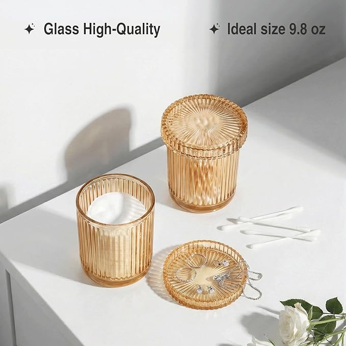 Bathroom Organizers and Storage,2 Pack Glass Qtip Holder Dispenser,Bathroom Essentials Accessories Decor,Vanity Makeup Storage Organizer for Cotton Swabs,Cotton Balls,Pads,Floss Picks (Amber)
