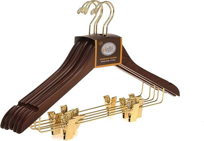 Quality Wooden Skirt Hangers with Clips, 10-Pack Smooth Solid Wood Pants Hangers with Durable Adjustable Metal Clips, Swivel Hook, Coat, Jacket, Blouse Suit Hangers (Walnut - Gold Hook, 10)