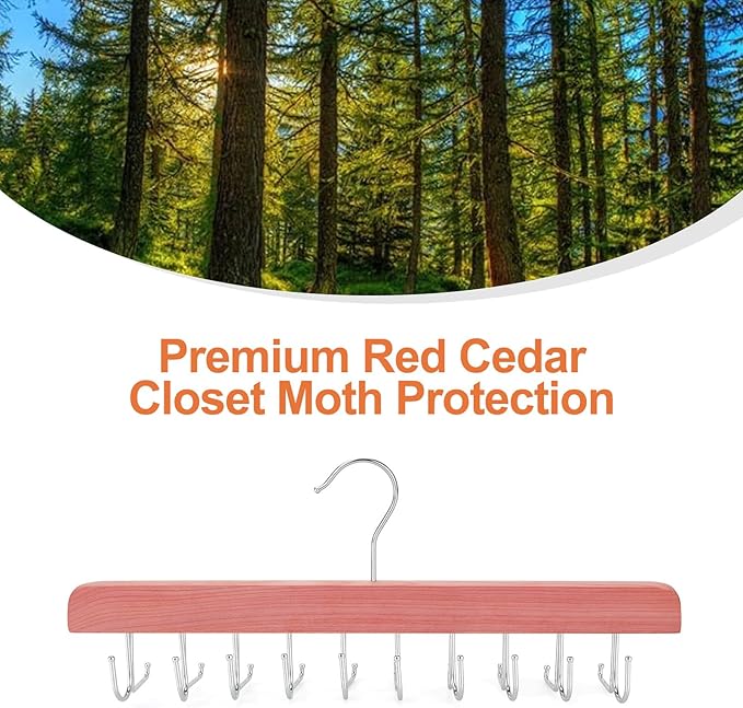 TOPIA HANGER Cedar 2 Pack 2 in 1 Belt Tie Hanger for Closet Max 60 Belts with 60 Ties Capacity, 20 Hooks Belt Tie Racks Hanger for Closet Organizer Storage Curved Fit Belt and Flat Fit Tie - CT60C