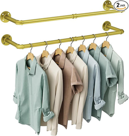 OROPY Industrial Pipe Clothes Rack Wall Mounted Set of 2, 38.4 inches Heavy Duty Iron Pipe Clothing Garment Rail, Multi-Purpose Clothing Hanging Rod for Laundry Room and Closet Storage, Gold