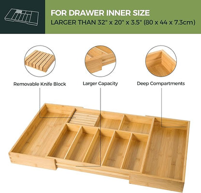 VaeFae Extra Large Kitchen Utensil Holder, Bamboo Silverware Drawer Organizer, Expandable Cutlery Organizer with Knife Block, Multifunctional Drawer Divider
