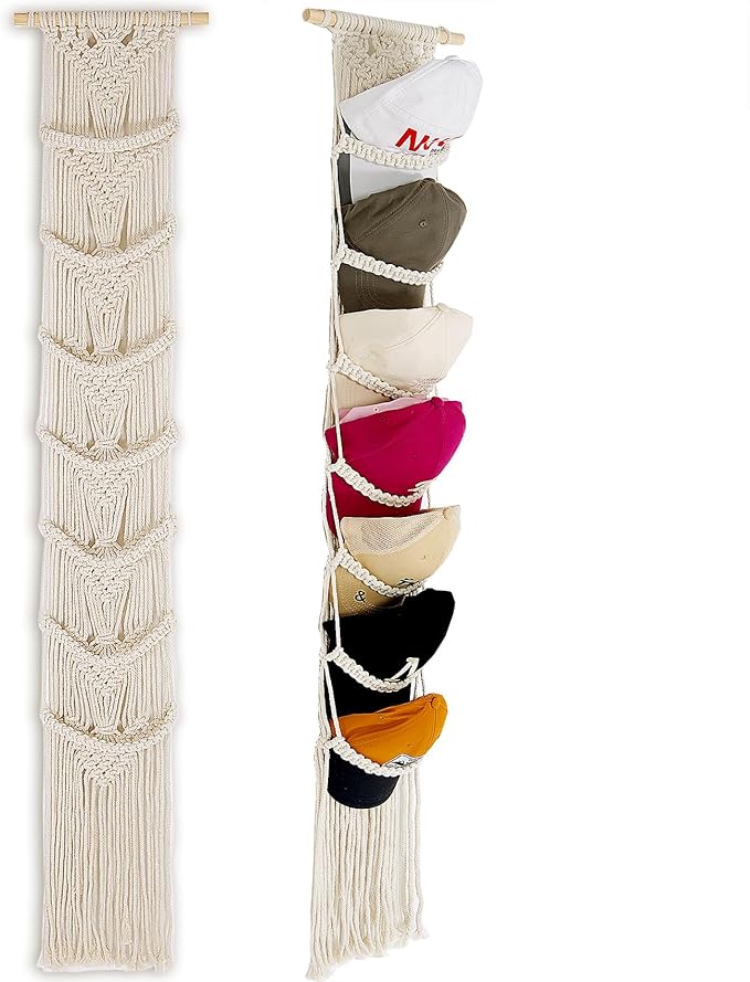 jontell Cap Holder-1 Pack Hat Organizer for Baseball Caps, Macrame Hat Rack for Wall, Cap Rack for Baseball Cap Display Boho Macrame Cap Hanger Over Door Organizer Up to 14 Caps