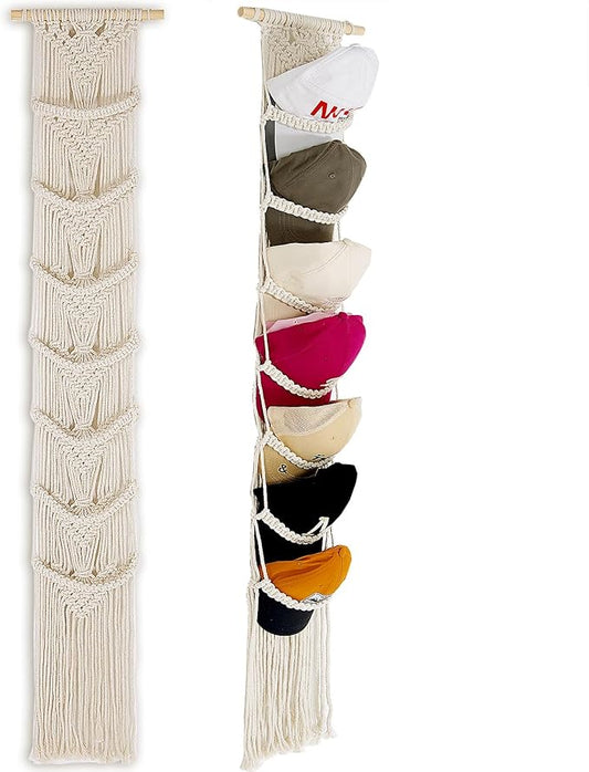 jontell Cap Holder-1 Pack Hat Organizer for Baseball Caps, Macrame Hat Rack for Wall, Cap Rack for Baseball Cap Display Boho Macrame Cap Hanger Over Door Organizer Up to 14 Caps