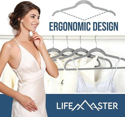 Lifemaster Velvet Non-Slip Hangers - 50 Pieces Non-Slip Coat Hanger Set with 360° Swivel Hook, Space-Saving, Sleek Design, Keep Closet Organized, Smooth Velvet Finish, Lightweight Construction - Gray