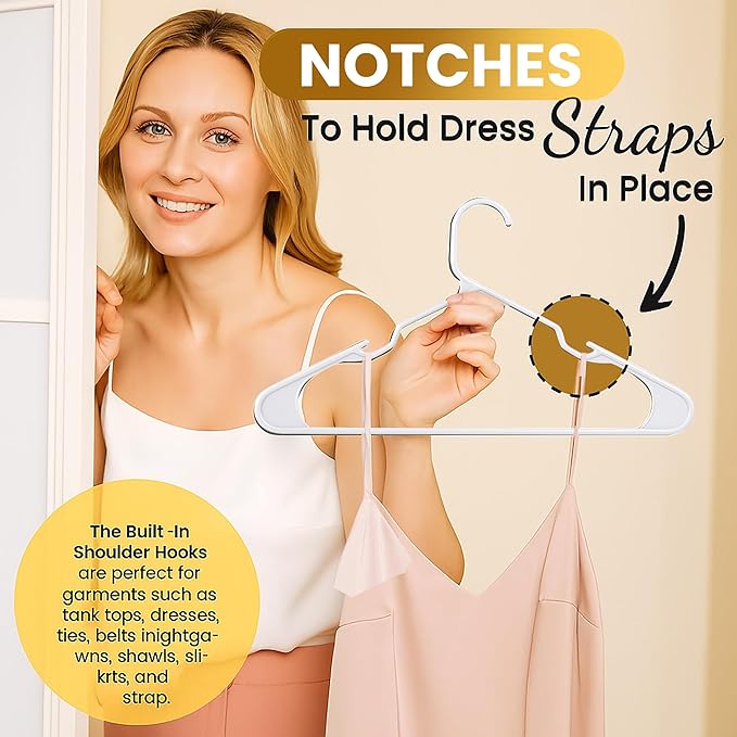 Our Modern Space 200 Pack Plastic Hanger for Shirt Pants Coats Dresses Skirts Suits Jackets - Standard Thick Coat Hanger - Sturdy & Durable Design with Shoulder Grooves Hook - White