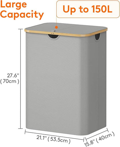 Lifewit 150L Laundry Basket with Lid, Clothes Hampers for Laundry with Bamboo Handles and 2 Removable Laundry Bags, Large Foldable Laundry Hamper for Bedroom, Bathroom, Dorm, Laundry Room, Sliver Gray