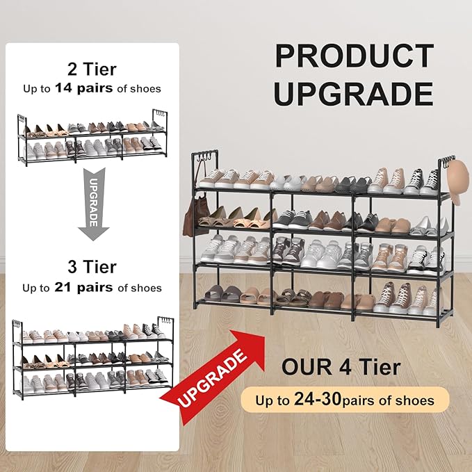 3 Row 4 Tier Long Shoe Rack, Black Metal Stackable Shoe Shelf with Multifunctional Hooks, Shoe Storage Hold 24-30 Pairs, Space Saving Shoe Organizer for Closet,Wide Shoe Rack