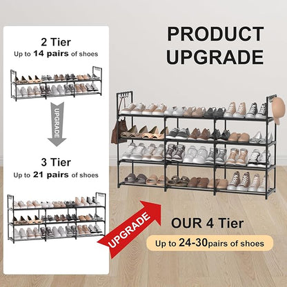 3 Row 4 Tier Long Shoe Rack, Black Metal Stackable Shoe Shelf with Multifunctional Hooks, Shoe Storage Hold 24-30 Pairs, Space Saving Shoe Organizer for Closet,Wide Shoe Rack