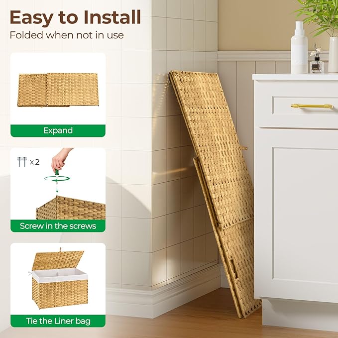 GREENSTELL Storage Basket with Lid, 17.2 Gallon(65L) Small Wicker Blanket Storage Basket with Handles, Foldable, 2 Removable Liner Bags, Metal Frame, for Bedroom, Laundry Room, Natural