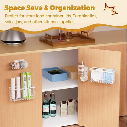 4 Pack Adhesive Cabinet Door Organizer - Tumbler Lid Organizer & Kitchen Storage baskets for Kitchen, Bathroom, Inside Cabinet Door Storage for Cup Lids, Spices, Small Supplies, Space-Saving (White)