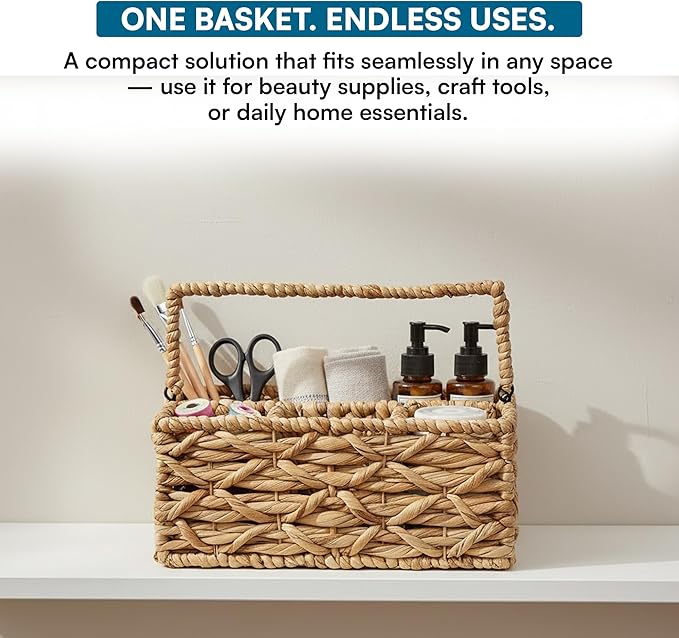 Honey-Can-Do Multi-Use 3-Compartment Wicker Basket Caddy with Handle, Natural STO-09844 Natural Medium