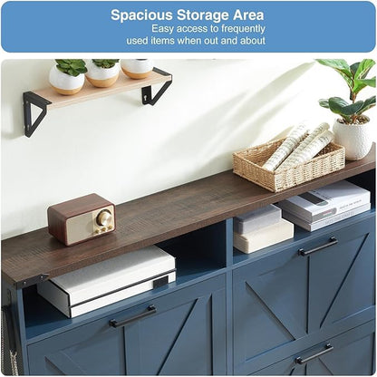 Barnyatoh Shoe Storage Cabinet,Farmhouse Shoe Organizer with 4 Flip Drawers & Barn Door Design,Freestanding Hidden Slim Narrow Shoe Rack Cabinet with Open Shelves for Entryway,Foyer,Hallway,Navy Blue